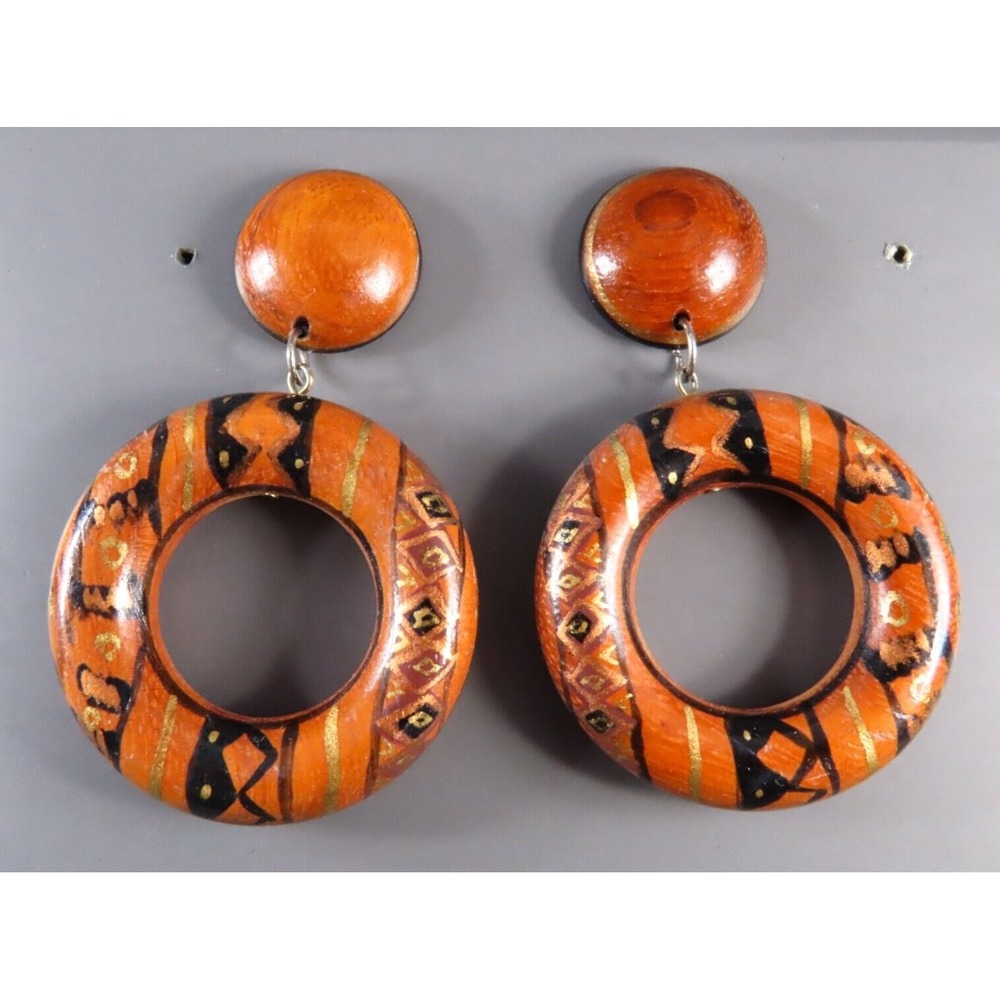 Vintage WOOD/WOODEN Dangle Earrings DOORKNOCKERS Tribal Painted GOLD BLACK BROWN